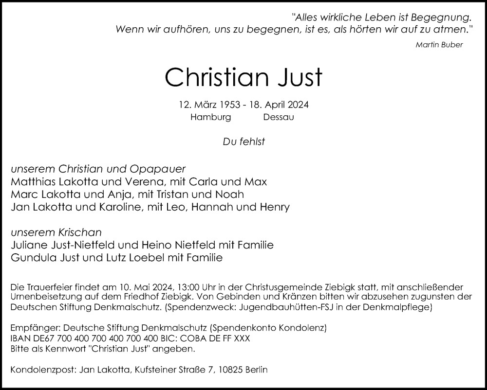  Traueranzeige für Christian Just vom 04.05.2024 aus Mitteldeutsche Zeitung Dessau-Roßlau