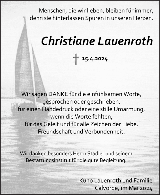 Traueranzeige von Christiane Lauenroth von Volksstimme Haldensleben/Wolmirstedt