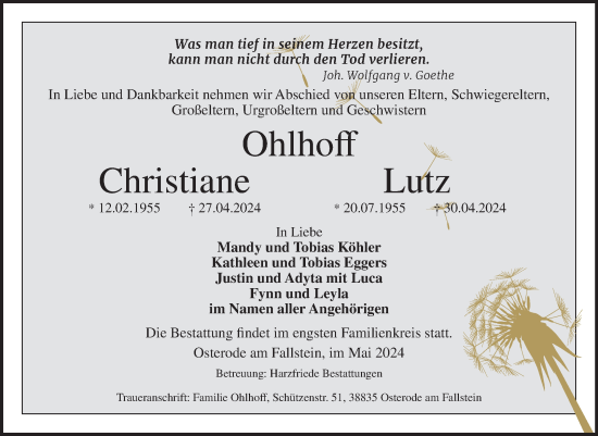 Traueranzeige von Christiane und Lutz Ohlhoff von Volksstimme Halberstadt