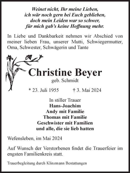 Traueranzeige von Christine Beyer von Volksstimme Oschersleben/Wanzleben