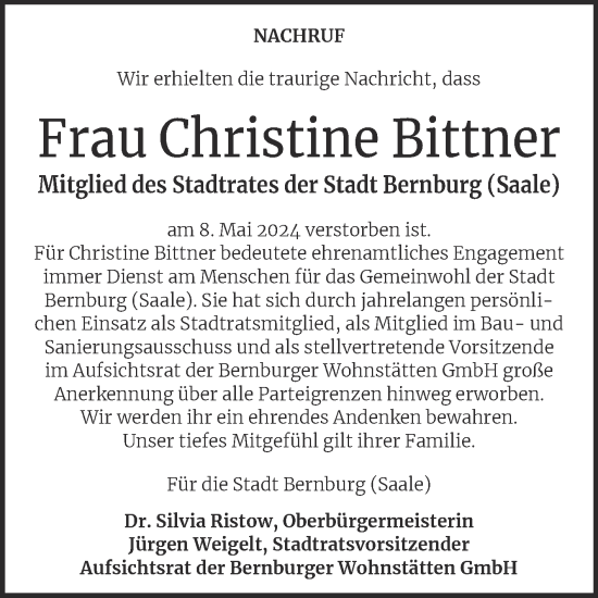 Traueranzeige von Christine Bittner von Super Sonntag Bernburg