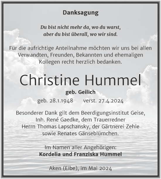 Traueranzeige von Christine Hummel von Trauerkombi Köthen
