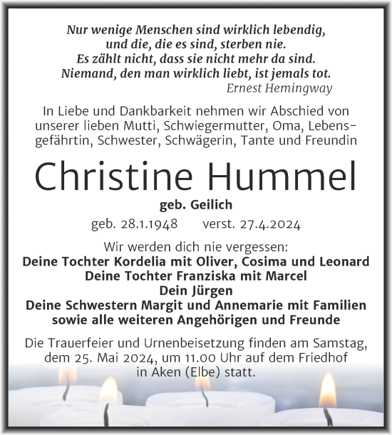 Traueranzeige von Christine Hummel von Trauerkombi Köthen