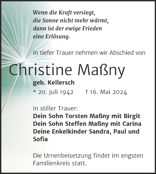Traueranzeige von Christine Maßny von Trauerkombi Wittenberg