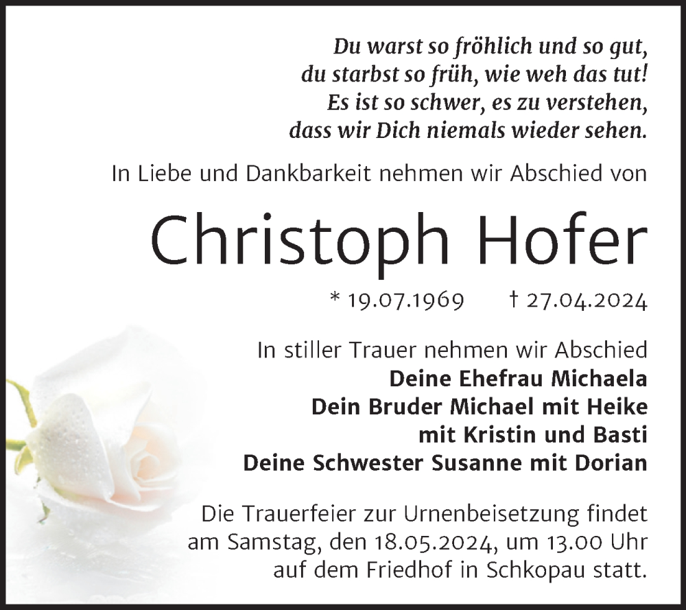  Traueranzeige für Christoph Hofer vom 10.05.2024 aus Trauerkombi Merseburg