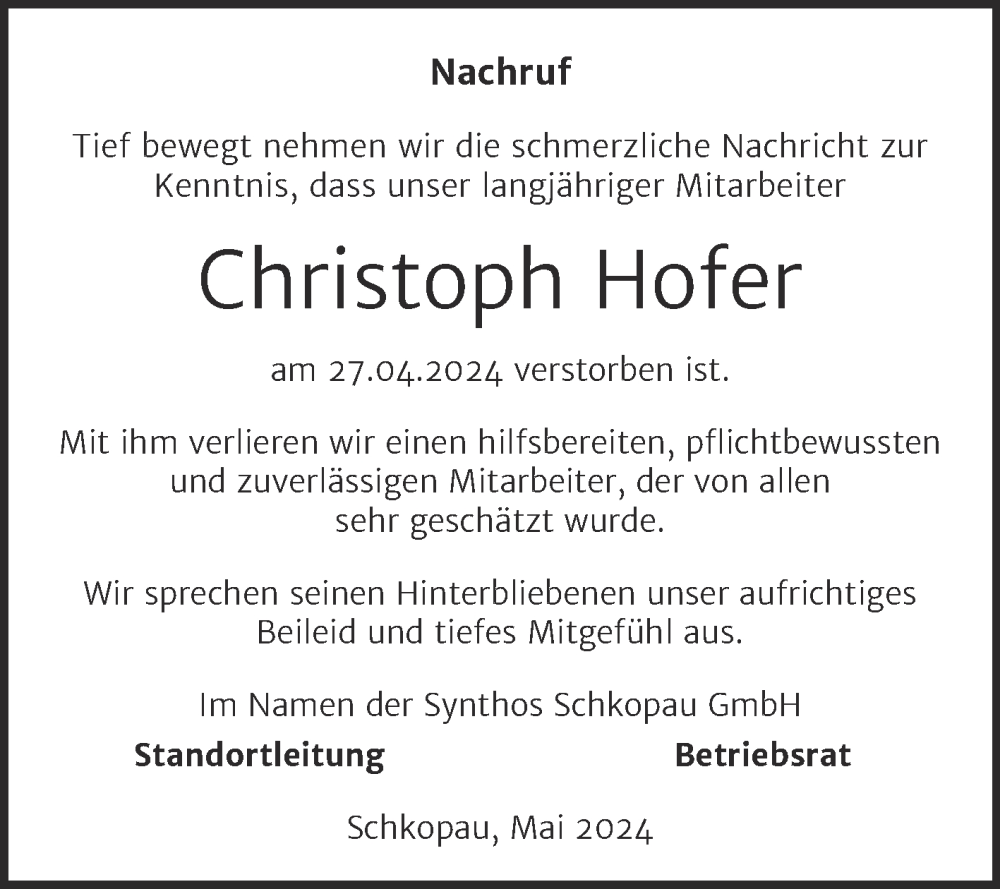  Traueranzeige für Christoph Hofer vom 11.05.2024 aus Super Sonntag Halle/Saalkreis