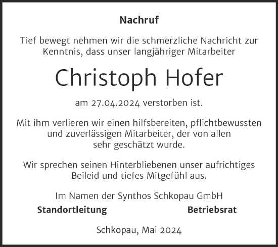 Traueranzeige von Christoph Hofer von Super Sonntag Halle/Saalkreis