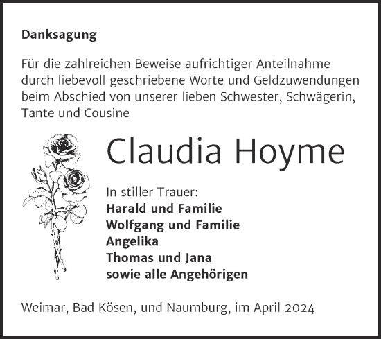 Traueranzeige von Claudia Hoyme von Super Sonntag Naumburg/Nebra