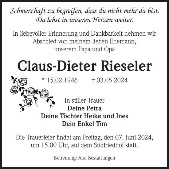 Traueranzeige von Claus-Dieter Rieseler von Volksstimme Magdeburg