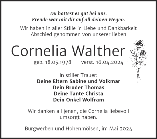 Traueranzeige von Cornelia Walther von Trauerkombi Weißenfels