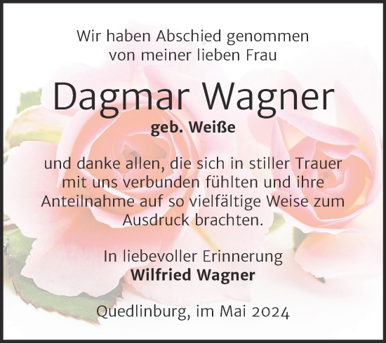 Traueranzeige von Dagmar Wagner von Trauerkombi Quedlinburg