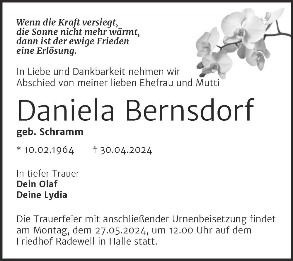  Traueranzeige für Daniela Bernsdorf vom 18.05.2024 aus Mitteldeutsche Zeitung Halle/Saalkreis