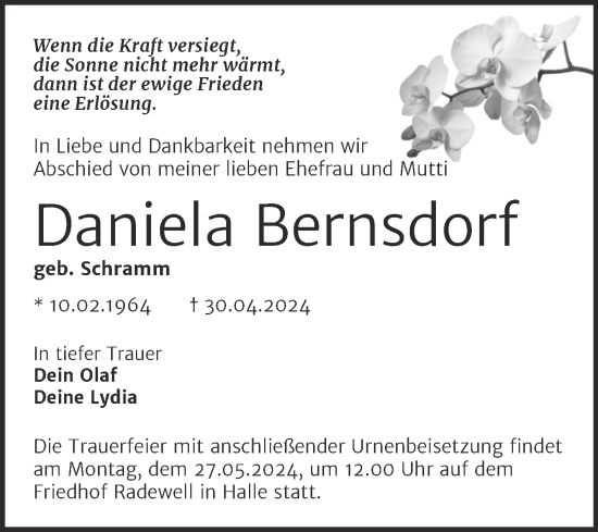 Traueranzeige von Daniela Bernsdorf von Mitteldeutsche Zeitung Halle/Saalkreis