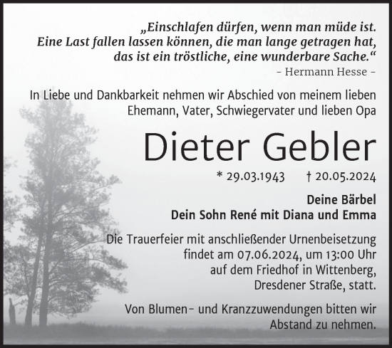 Traueranzeige von Dieter Gebler von Trauerkombi Wittenberg