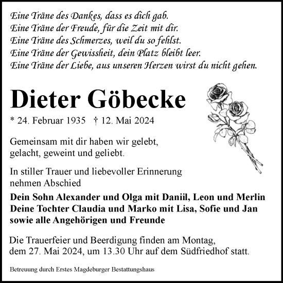Traueranzeige von Dieter Göbecke von Volksstimme Magdeburg