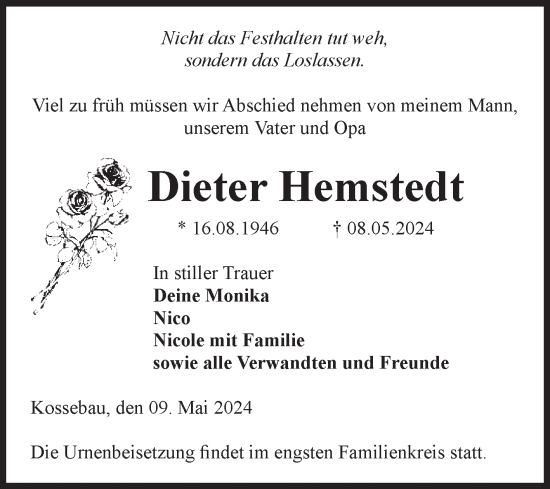 Traueranzeige von Dieter Hemstedt von Volksstimme Altmark Ost