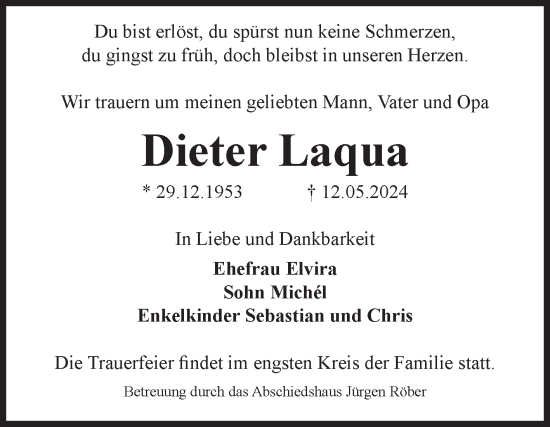 Traueranzeige von Dieter Laqua von Volksstimme Magdeburg