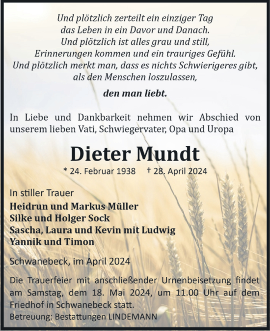 Traueranzeige von Dieter Mundt von Volksstimme Oschersleben/Wanzleben