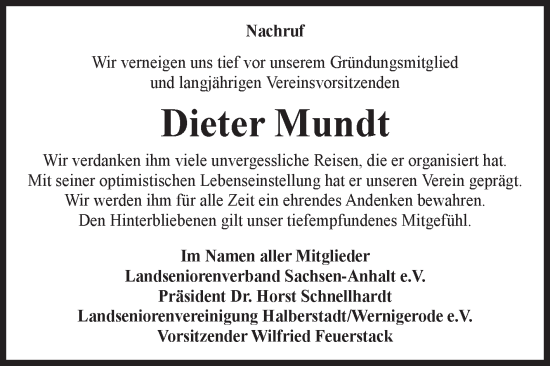 Traueranzeige von Dieter Mundt von Volksstimme Halberstadt