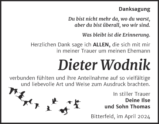 Traueranzeige von Dieter Wodnik von Trauerkombi Bitterfeld