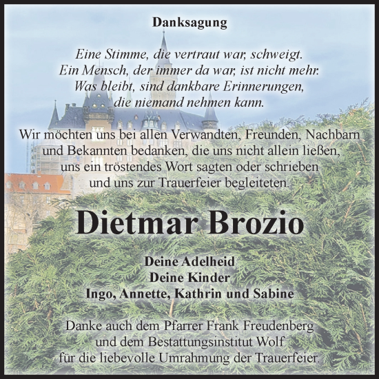 Traueranzeige von Dietmar Brozio von Volksstimme Wernigerode