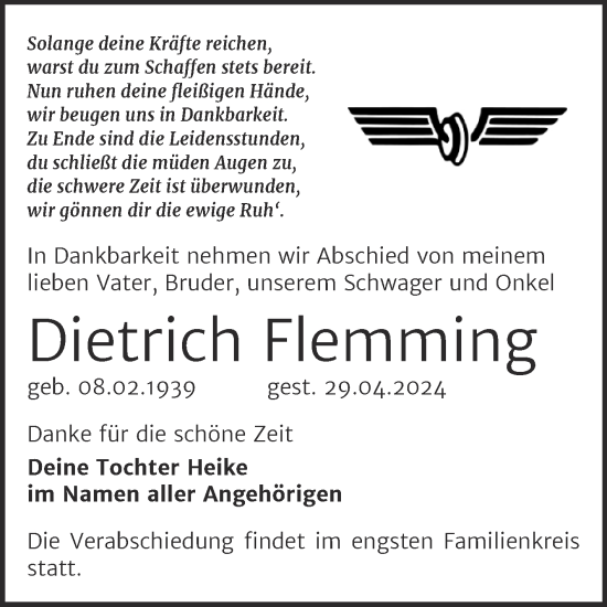 Traueranzeige von Dietrich Flemming von Trauerkombi Sangerhausen