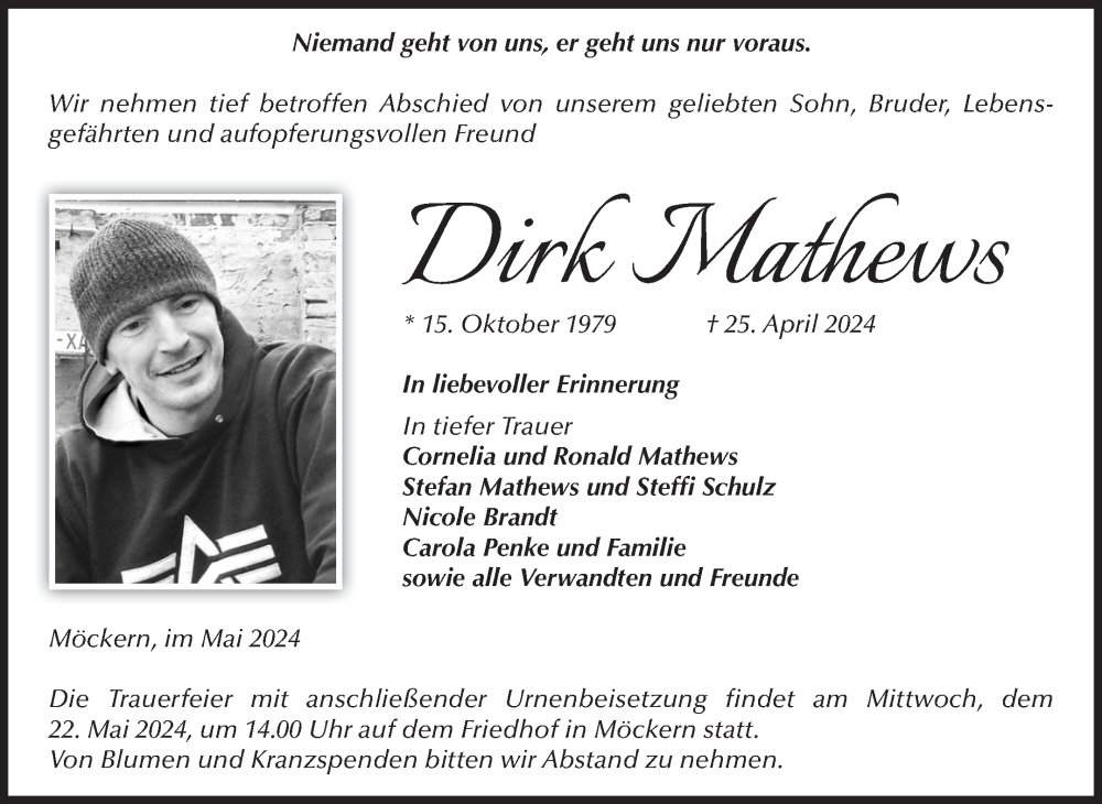  Traueranzeige für Dirk Mathews vom 04.05.2024 aus Volksstimme Burg/Genthin