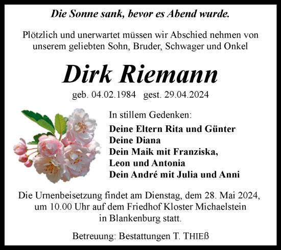 Traueranzeige von Dirk Riemann von Volksstimme Wernigerode