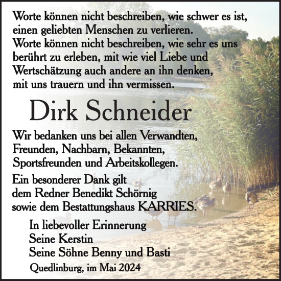 Traueranzeige von Dirk Schneider von Trauerkombi Quedlinburg