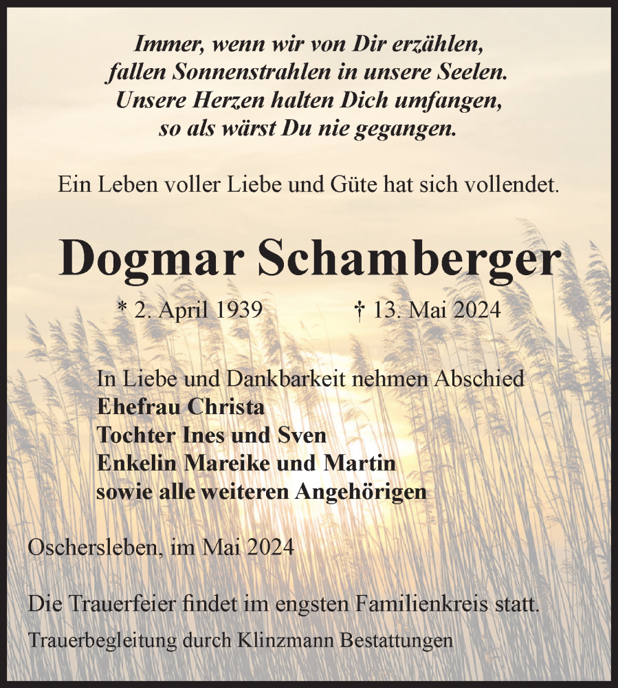  Traueranzeige für Dogmar Schamberger vom 18.05.2024 aus Volksstimme Oschersleben/Wanzleben
