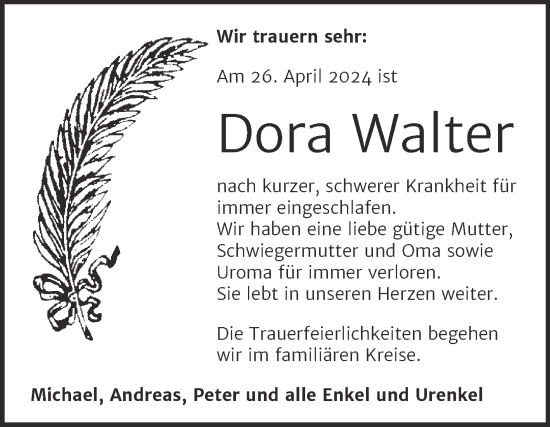 Traueranzeige von Dora Walter von Mitteldeutsche Zeitung Bitterfeld