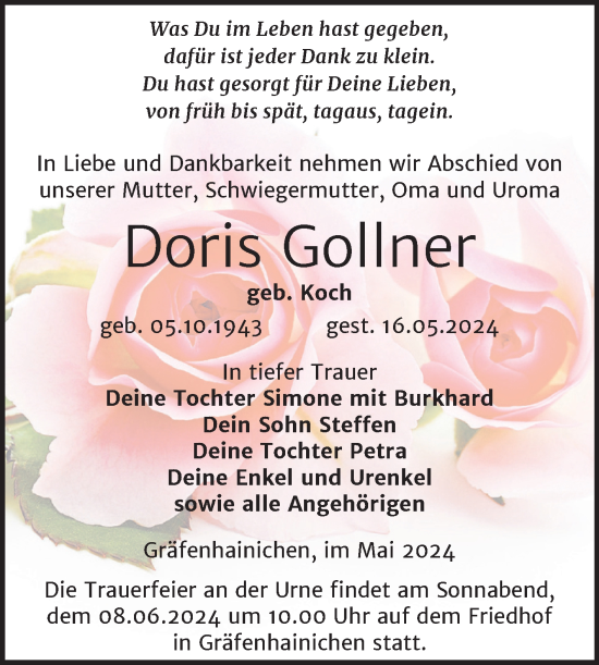 Traueranzeige von Doris Gollner von Trauerkombi Wittenberg