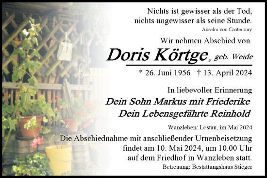 Traueranzeige von Doris Körtge von Volksstimme Oschersleben/Wanzleben