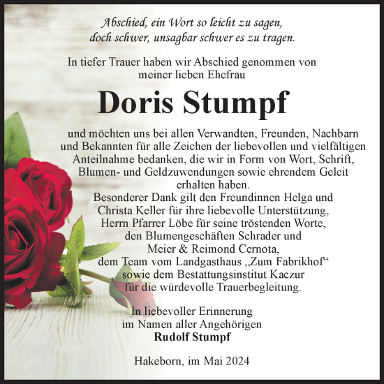 Traueranzeige von Doris Stumpf von Volksstimme Staßfurt