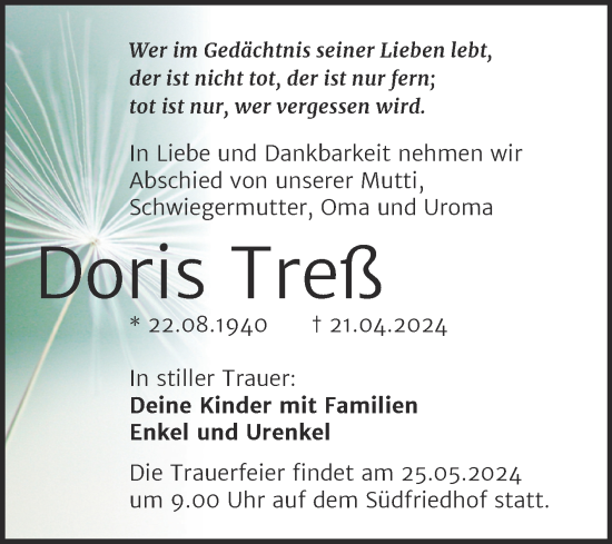 Traueranzeige von Doris Treß von Mitteldeutsche Zeitung Halle/Saalkreis