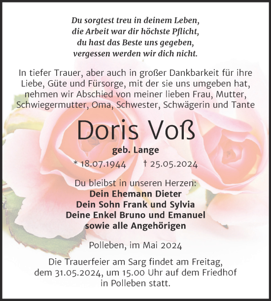Traueranzeige von Doris Voß von Mitteldeutsche Zeitung Mansfelder Land