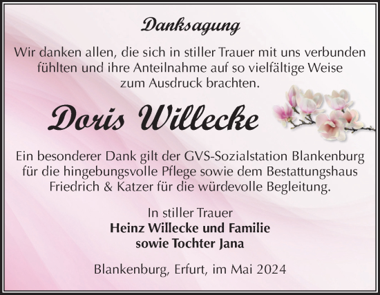 Traueranzeige von Doris Willecke von Volksstimme Wernigerode