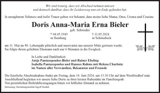 Traueranzeige von Doris Anna-Maria Erna Bieler von Volksstimme Schönebeck