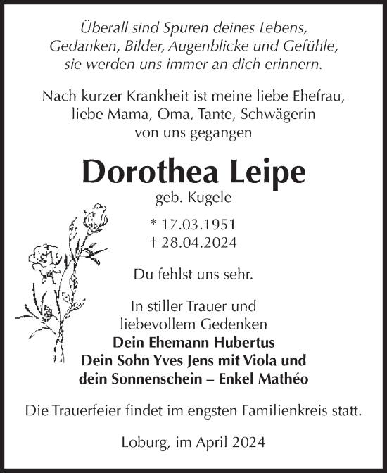 Traueranzeige von Dorothea Leipe von Volksstimme Zerbst