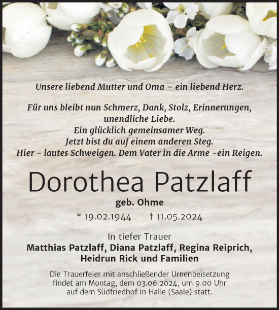 Traueranzeige von Dorothea Patzlaff von Mitteldeutsche Zeitung Halle/Saalkreis