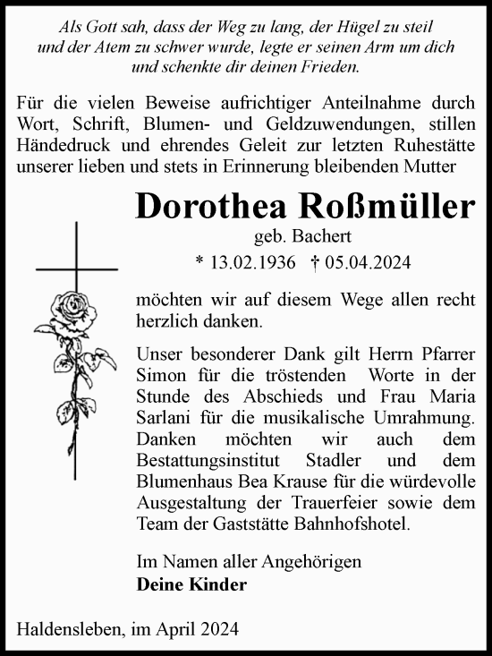 Traueranzeige von Dorothea Roßmüller von Volksstimme Haldensleben/Wolmirstedt