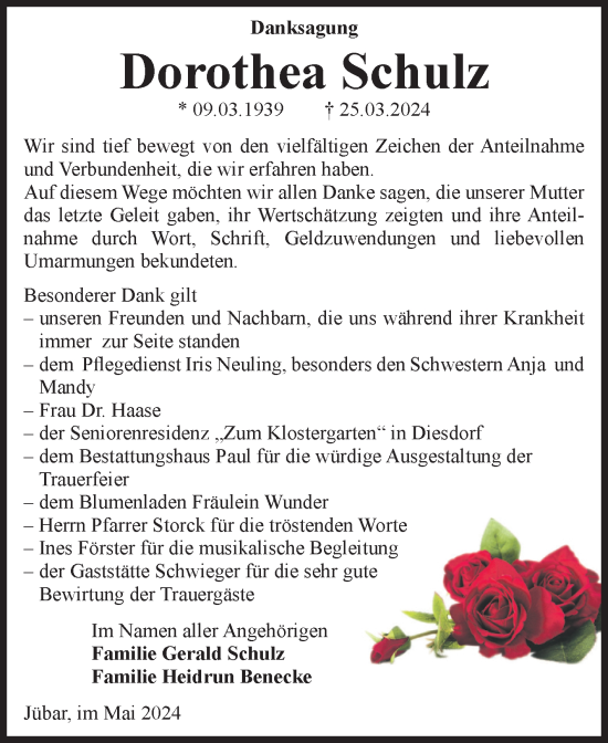 Traueranzeige von Dorothea Schulz von Volksstimme Altmark West