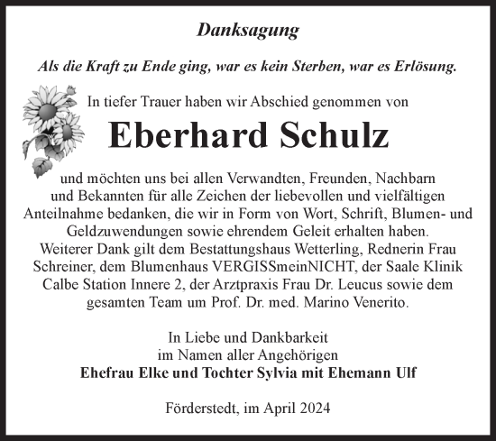 Traueranzeige von Eberhard Schulz von Volksstimme Staßfurt