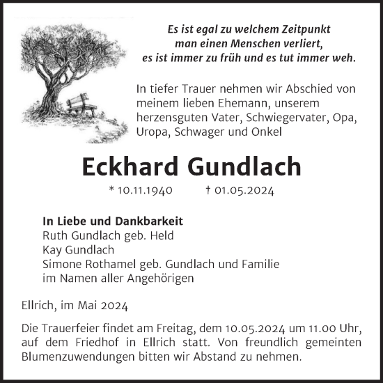 Traueranzeige von Eckhard Gundlach von Volksstimme Wernigerode