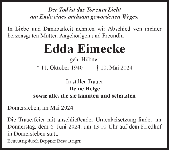 Traueranzeige von Edda Eimecke von Volksstimme Oschersleben/Wanzleben