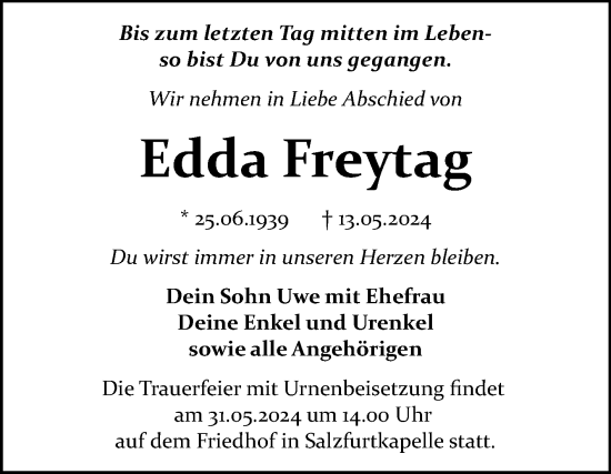 Traueranzeige von Edda Freytag von Trauerkombi Bitterfeld