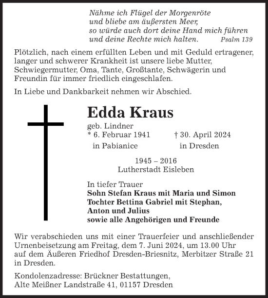 Traueranzeige von Edda Kraus von Mitteldeutsche Zeitung Mansfelder Land