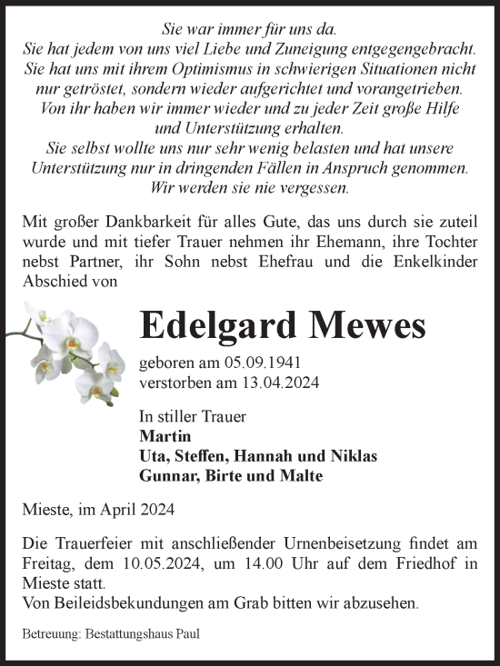 Traueranzeige von Edelgard Mewes von Volksstimme Altmark West
