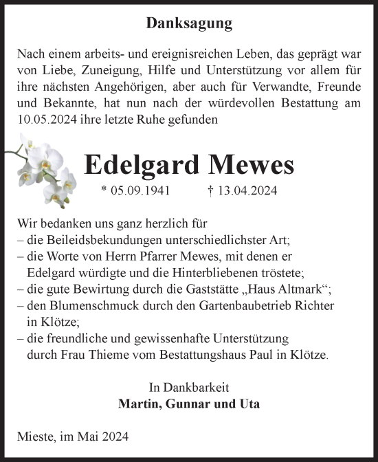 Traueranzeige von Edelgard Mewes von Volksstimme Altmark West