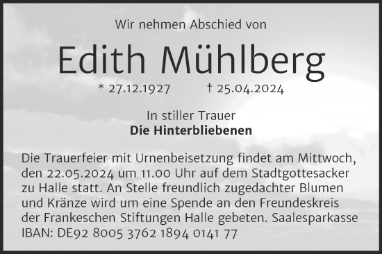 Traueranzeige von Edith Mühlberg von Mitteldeutsche Zeitung Halle/Saalkreis